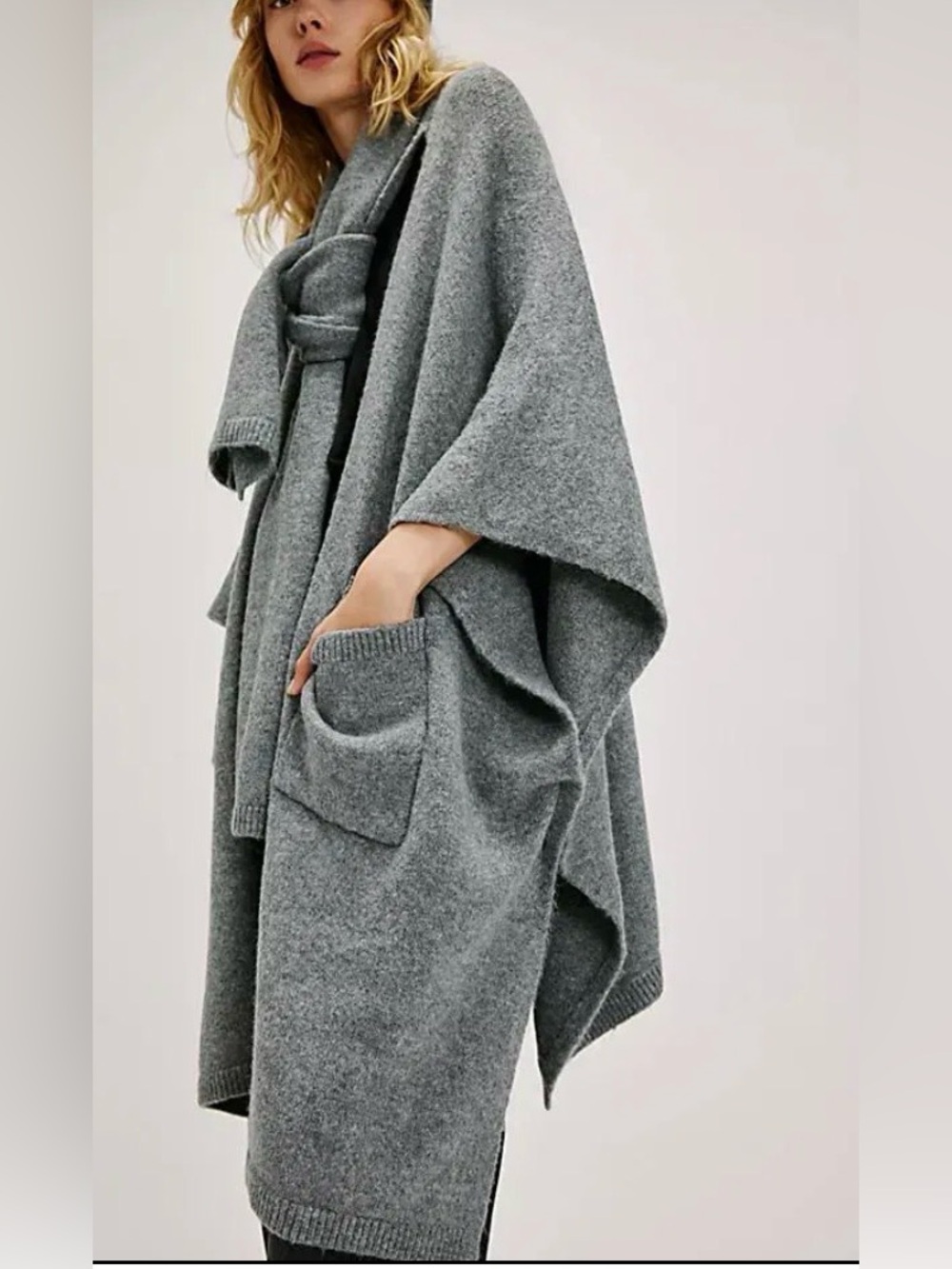 NWT Free People Ellie Scarf Wrap Kimono Duster Gray Cozy One Size - Picture 2 of 9